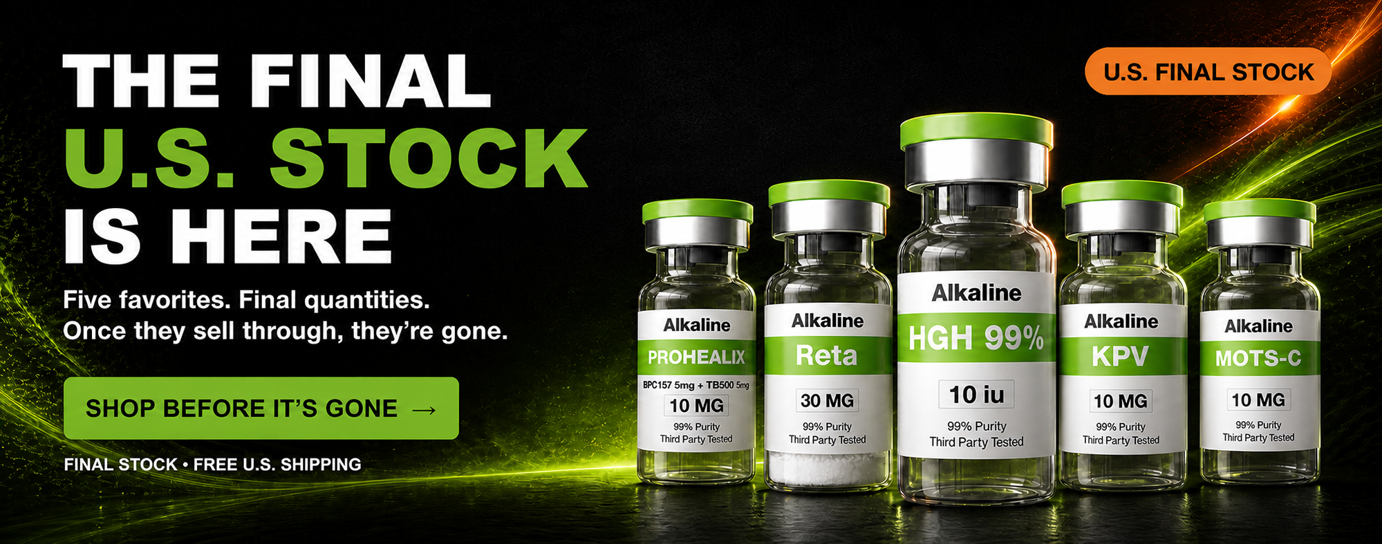 Alkaline Peptides final U.S. stock. ProHealix, Reta 30mg, HGH 191 / sHGH, KPV 10mg and MOTS-C 10mg. Shop before it is gone.