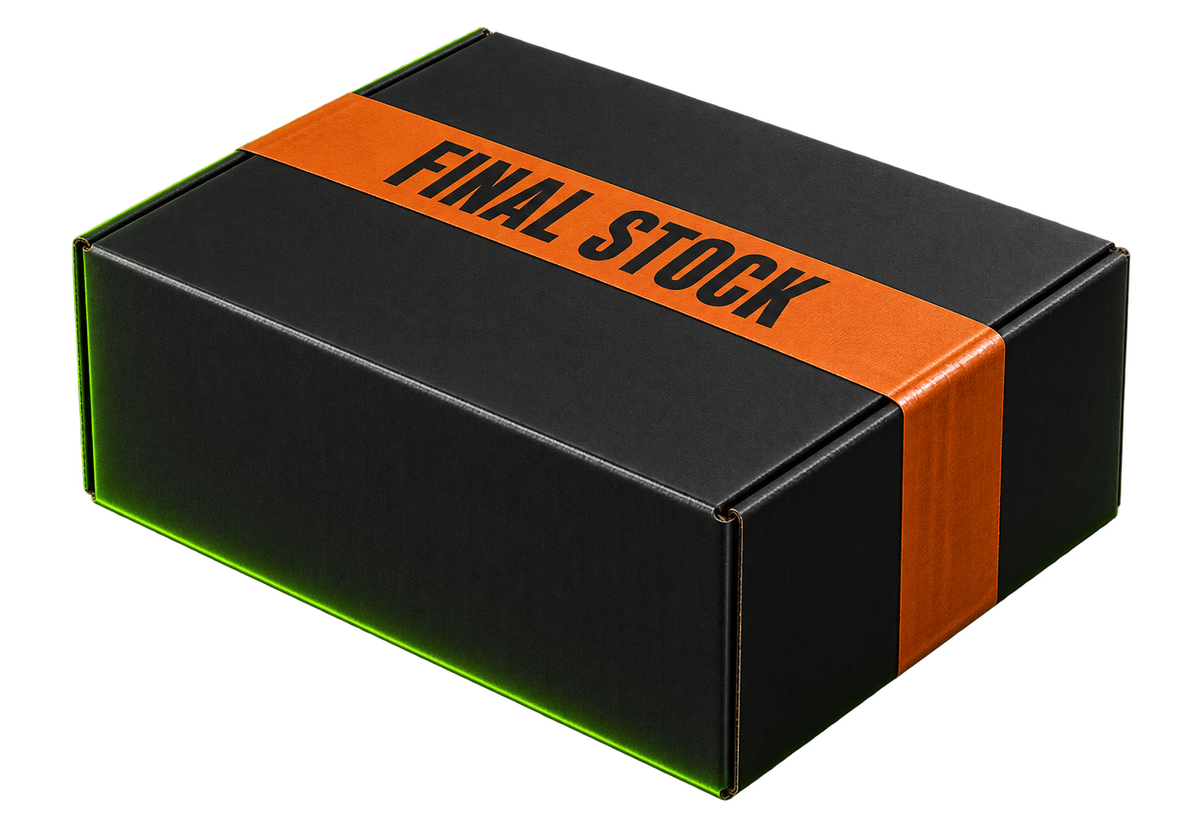 Black final-stock parcel with orange tape.