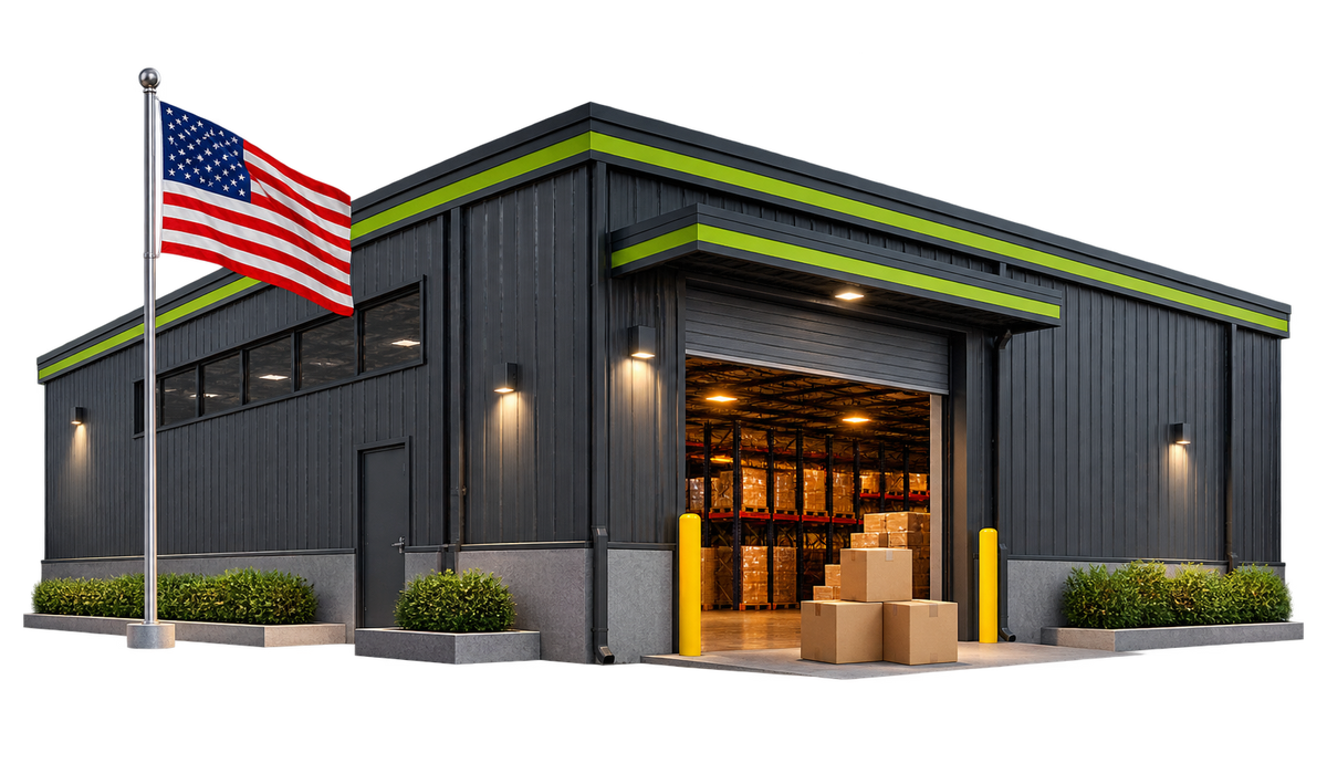 U.S. flag and Alkaline Peptides warehouse with current landed inventory.